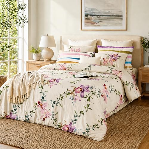 Image of Digitally Printed Premium Bedsheet Set | 300 TC 100% Cotton 1 Queen Bedsheet Set | Extra Smoothness with Sateen Weave| Orchid Cream Bedsheet Set (1 Flat Sheet + 2 Pillow Cases)