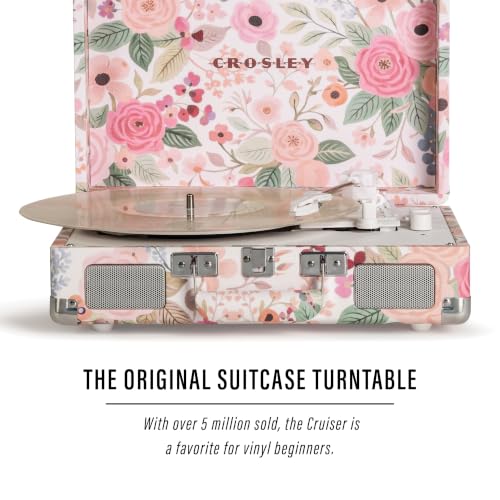 Image of Crosley CR8005F-PFG Cruiser Plus Record Player, Pink Flower Garden | 3-Speed Turntable, Bluetooth In / Out, Built-in Stereo Speakers, Isolated Internal Speakers Minimize Vibration