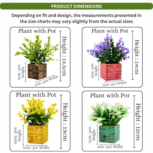 Image of fancymart Artificial Decorative Eucalyptus Plants with Colourful Small Wooden Pots, 14 cm Height for Indoor Home, Office, Table and Shelf Decoration, Pack of 4