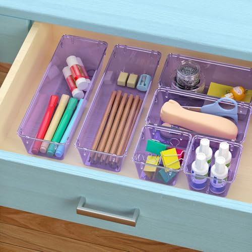 Image of WOWBOX 12 Pack Clear Drawer Organizer Set, Acrylic Drawer Storage Trays, Storage Bins for Makeup, Cosmetics, Jewelries, Utensils, Gadgets, Office, Purple