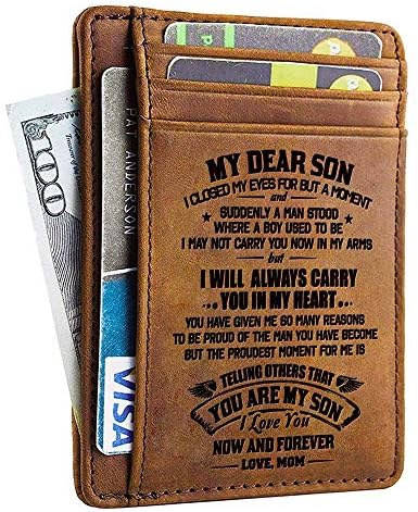Minimalist Wallets Gift for Son from Mom - Engraved Leather Front Pocket Wallet - Custom Wallet RFID Blocking