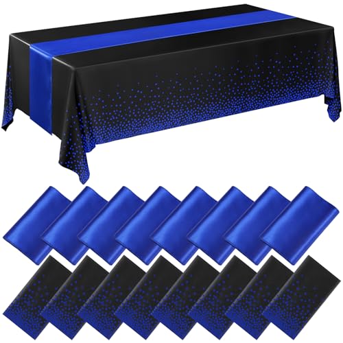 Image of Breling 16 Pack Black and Blue Disposable Plastic Tablecloths and Satin Table Runner Set, 54 x 108 Inch Tablecloth, 12 x 108 Inch Table Runners for Wedding Graduation Birthday Baby Shower New Year
