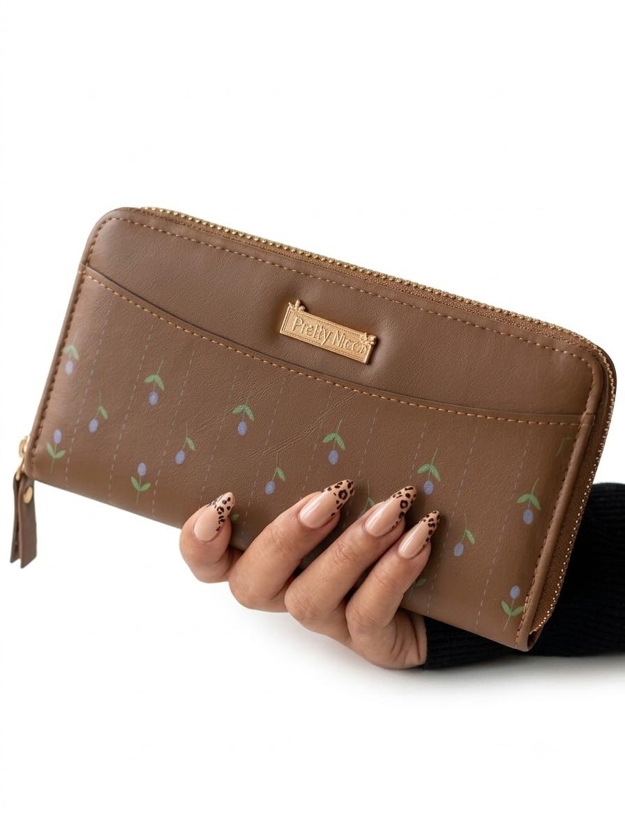 Women's Floral Leaf Print Zip Around Wallet | Spacious Long Clutch Purse with Multiple Card Slots, Cash Compartments, Coin Pocket & Smooth Zipper Closure (Brown)-image-12