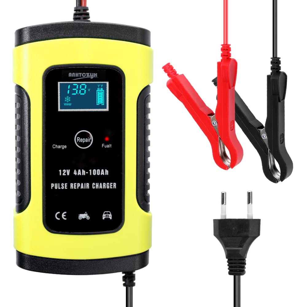 Caricabatterie per Auto Completamente Automatico 12V6A Caricabatterie Intelligenti Caricabatterie per Riparazione impulsi Caricabatterie al Piombo Acido a Umido con Display Digitale LCD