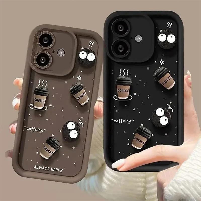 Image of Back Case Cover Compatible for iPhone 16 Plus | Pack of 2 Combo Black & Brown Case | Cute Fun Cartoon 3D Ball Coffee Silicone Case | Body Protection | Camera Protection | Shock Proof