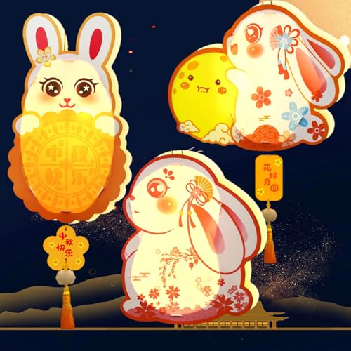 Mid-Autumn Festival Rabbit Lantern 3 PCs DIY Portable Chinese Paper Lanterns Cute Bunny Ornament Hand-Held for Holiday Decor Mooncake Festival Party.