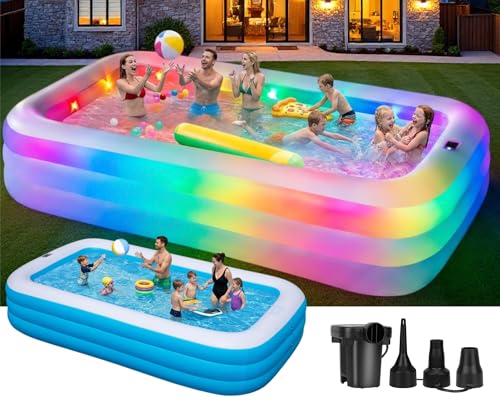 Inflatable Pool for Adults and Kids, 130'x72'x22' Full Size Inflatable Pools with Lights & Pump, Large Blow Up Pool for Family, Thickened Inflatable Swimming Pool for Outdoor Backyard