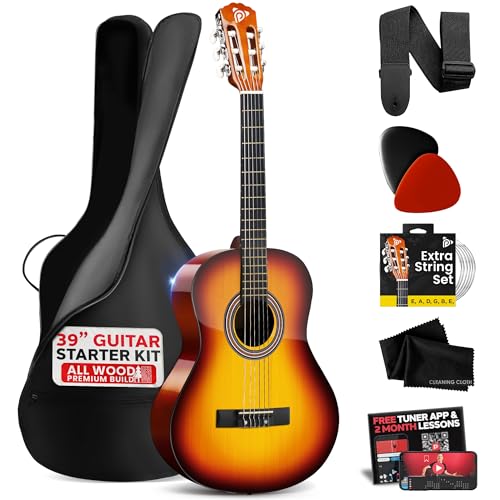 Pyle Beginner Acoustic Guitar Kit, 4/4 Full Size All Wood Instrument with Full Accessory Kit, Picks, Shoulder Strap, Carry Case, Cleaning Cloth, Tuner App, 2 Month Lessons, 39” (Brown Burst, Gloss)