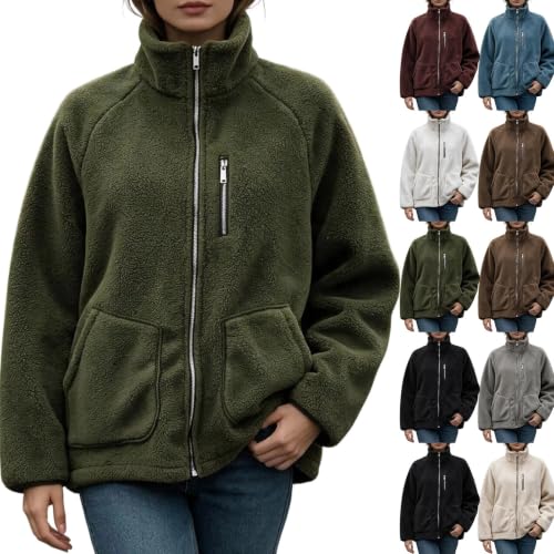 XOGWVJ Womens Full Zip Sherpa Fleece Jacket Stand Collar Warm Soft Coat Chest Zip Pocket Casual Fall Winter Outerwear 2026 Long Winter Coats for Women Plus Size Army Green S - image 1