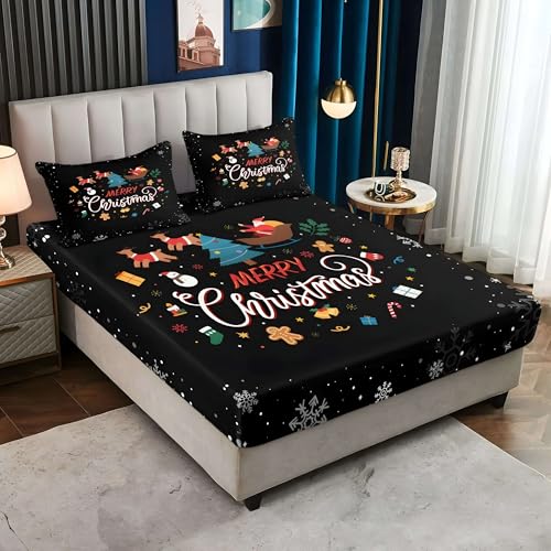 クリスマスボックスシーツ セミダブルクリスマスツリーベッドカバー柔らかい通気性マイクロファイバー 3点セット防ダニ高反発 吸水 速乾 抗菌 防臭 防ダニと 2 枕カバー43x63 cm着脱簡単 丸洗い可能 マットレスカバー120x200x30 cm