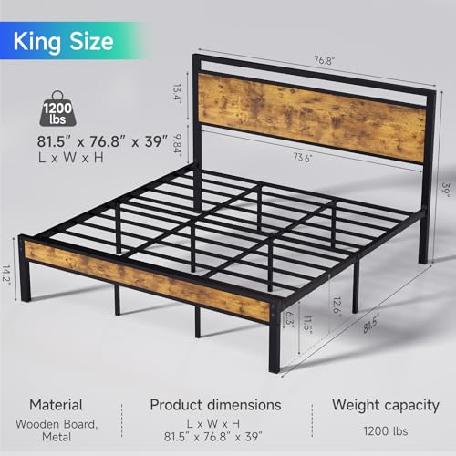 Image of King Metal Bed Frame with Wooden Headboard and Footboard, Heavy Duty Platform Frame with Metal Slats, No Box Spring Needed, Quiet and Non-Slip Design, Space Saving Bed Frame for Bedroom, Vintage Brown