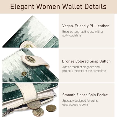 Image of Kelvoris Forest Tree Small Rfid Women Wallet Bifold Zipper Coin Pocket | PU Leather Compact Cash Credit Card Holder Travel Purse for Female Ladies Teen Girls 1 ID Window 10 Card Slots