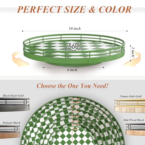 Image of Premium Rubber Wood Lazy Susan Turntable, Green White Checkerboard Decorative Serving Tray, Hand-Welded Metal Railing, Stable Rotating Organizer for Dining Table, Kitchen Counter, Coffee Table Decor