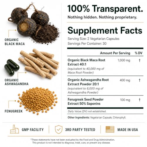 Image of Maca Root Capsules for Men & Women, Organic Black Maca 40:1 Extract, 60ct