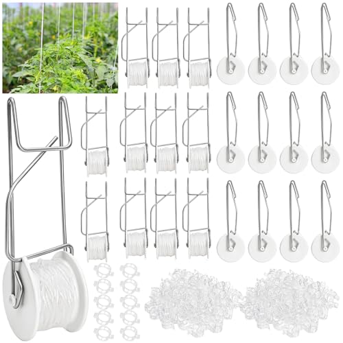 Yarlung 24 Pack Tomato Roller Hooks with 49.2 Feet String and 240 Pcs Clips for Tomato Support Trellis Grape Climbing Plants Greenhouse Flower Vine Garden Twine Crop