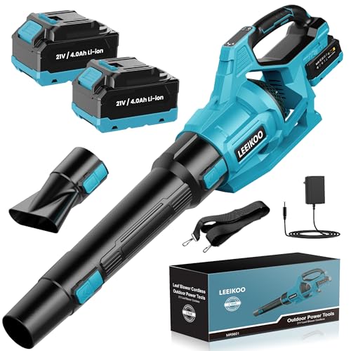 Soplador de Hojas LEEIKOO, Soplador Bateria 21V con 2 Baterías de 4.0Ah, 3 Ajustes de Velocidad, 2 Tubos de Soplado, Correa para el Hombro para Soplar Hojas, Nieve, Polvo y Residuos