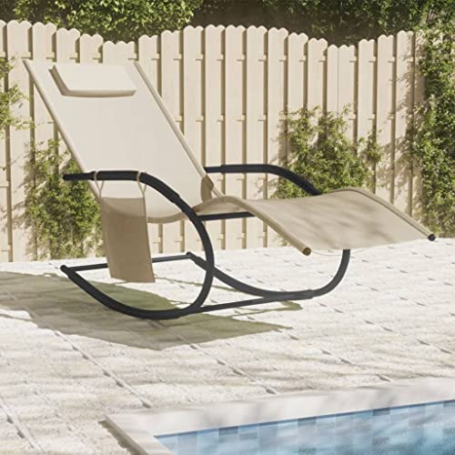 QZZCED Tumbona Mecedora Exterior con Reposacabezas Ajustable y Bolsillo Lateral, Estructura Robusta de Acero y Tela Transpirable, Silla de Balanceo para Jardín o Terraza, Color Negro