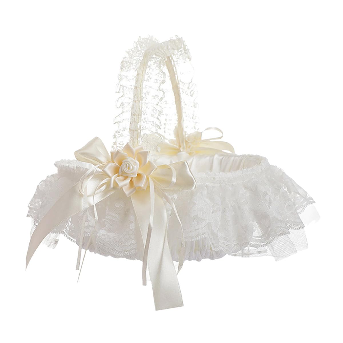Operitacx Eleganter Rustikaler Hochzeitsblütenkorb mit Spitze und Henkel Leichter Gewebe Blumenmädchenkorb für Party und Feier Kleines Körbchen für Blumenmädchen