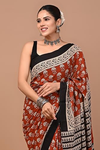 Image of Crafts Moda Pure Cotton Floral Print Saree with Blouse for Women