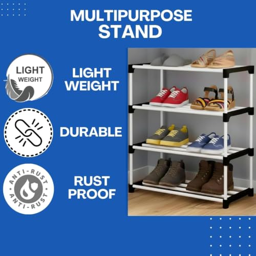Image of Shoe Rack 4 Layer with Shelf, Thick Strong Pipes for Heavy Load Multipurpose Organizer Rack Shoe, Cloth & Book Storage Shelf for Home, Balcony, Living Room & Workspace