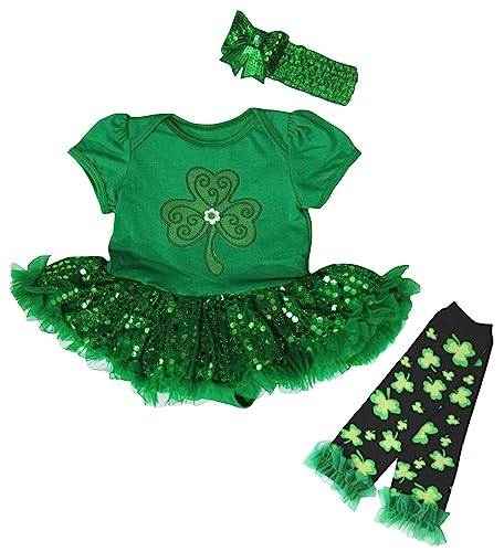 Petitebella Green Clover Leaf Baby Dress Leg Warmer Nb-18m (Green/Green Sequins, 0-3 Months)