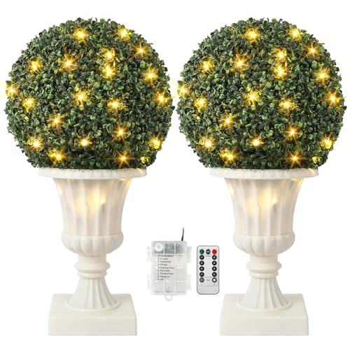 16inch Pre-Lit Faux Boxwood Balls with Sturdy Pot Base,Artificial Topiary Trees 2 Pack for Outdoor,UV Resistant & Waterproof Fake Greenery Plants Ball Tree for Front Porch Garden Home Decor,White