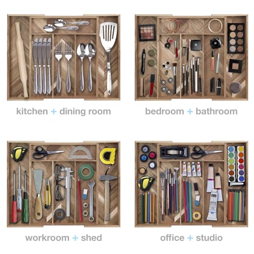 woodluv Cutlery Tray, Drawer Dividers For Kitchen Utensil Organiser, Expandable Tray for Office Supplies, Storage for Cutlery, Large - Acacia Wood - Image 5