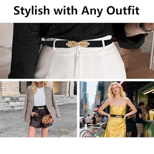 Black Belt Women Leaves Womens Skinny Belt Elastic Waist Belt for Dresses and Jumpsuits Thin Stretchy Decorative Alloy Leaf Buckle Dressy Fashion Belts for Ladies’ Skirts and Vestidos 32"-40"4