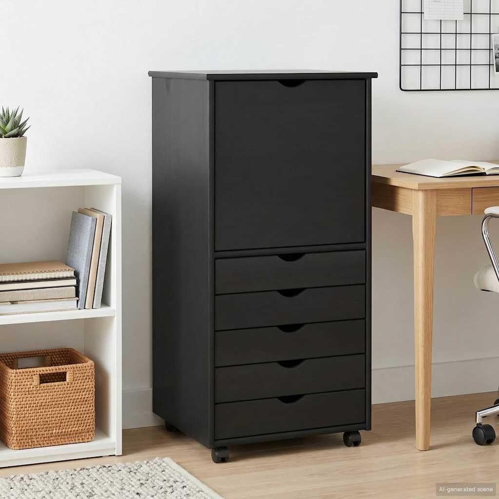 Armario con ruedas negro de madera maciza de pino 53 x 39 x 103 cm con 5 cajones y estante para oficina, hogar, pasillo, almacén