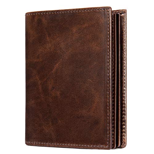 Mens Leather Bifold RFID Vertical Wallet Extra Large Capacity Card Holder with 16 Slots and ID Window