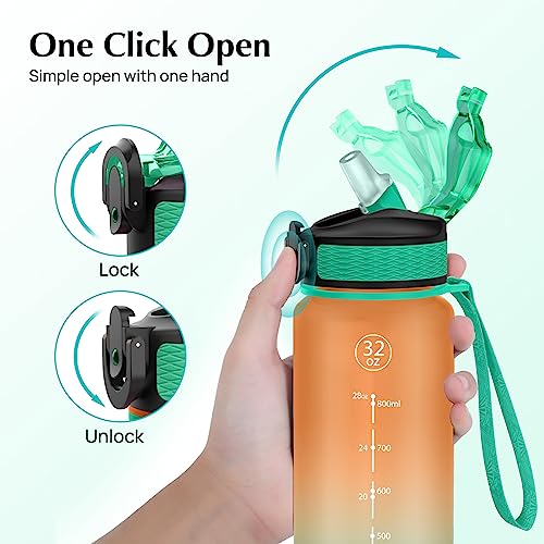 Image of EYQ QuickSpout Water Bottle with Time Marker and Carry Strap, 32 oz, BPA-Free, Non-Toxic, Leak-Proof