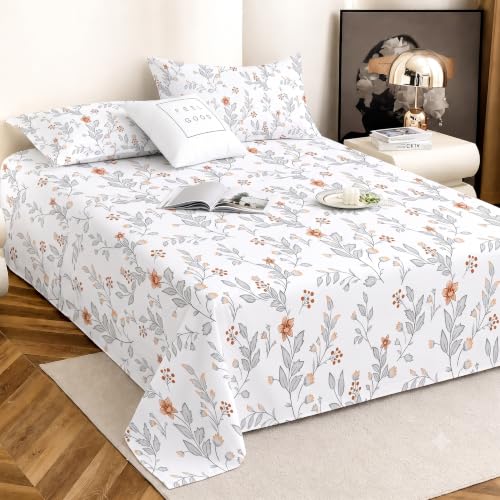 Image of IVAZA 240 TC Soft Ezyption Cotton Floral Print King Size Bedsheet - with 2 Pillow Covers, Hypoallergenic, Brethable, (Size- 90 x 90 Inch) Snow White