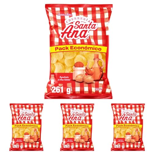 Santa Ana, Patatas fritas con sal estilo churrería, Producto de Aperitivo, Snack en bolsa familiar de 261gr (Paquete de 4)