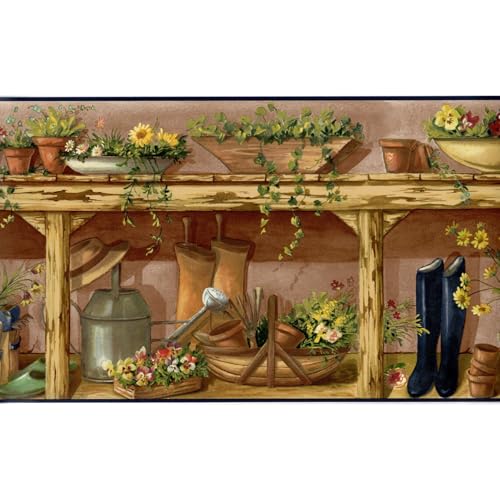 TRIMZ Wallpaper Border – Rustic Country Garden Potting Shed with Vintage Floral & Garden Tools, Kitchen Sunroom Farmhouse Wall Decor, Pre-Pasted, 15 ft x 10.25 in