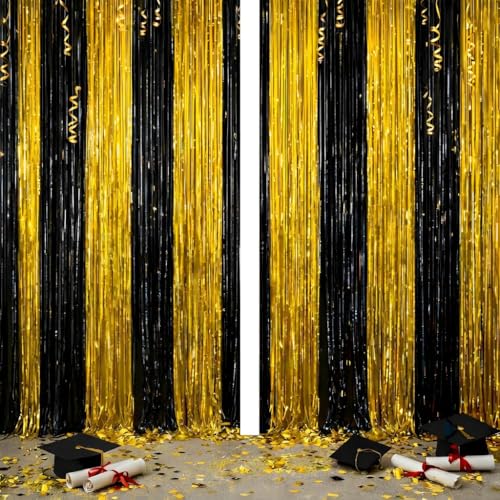 Image of Black and Gold Party Streamers Decoration, 2Pack Graduation Tinsel Backdrop Party Decorations, Foil Fringe Backdrop for 2025 NYE /Anniversary /Farewell /Cocktail /Prom /EID /Birthdays Xmas Wedding Decors