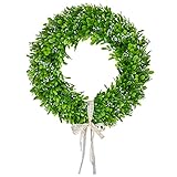 Lvydec Artificial Boxwood Wreath Decoration - 15' Spring Wreath with White Seeds and Silk Ribbon for Front Door Wall Window Decoration