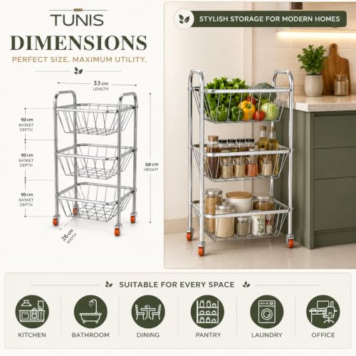 Image of TUNIS 3 Tier Stainless Steel Open Wire Trolley | Multipurpose Vegetable & Fruit Basket Rack | 360 Wheels| Strong Welded Frame| Rolling Utility Organizer for Kitchen, Pantry & Home