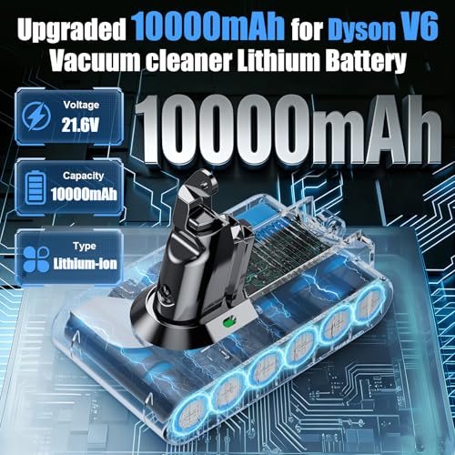 Image of Nonbliep Upgraded 10000mAh 21.6V Replacement for Dyson V6 Battery Compatible with 967810-23 VTC4 SV03 SV04 SV05 SV06 SV07 SV09 DC58 DC59 DC61 DC62 DC72 Animal V6 Absolute V6 Motorhead Handheld Vacuum