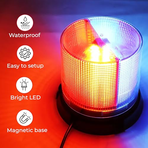 Image of Robustt Emergency Safety Light | High Intensity Red Blue Revolving 12V LED Emergency Rotating Beacon Warning Light with 12V DC Plug