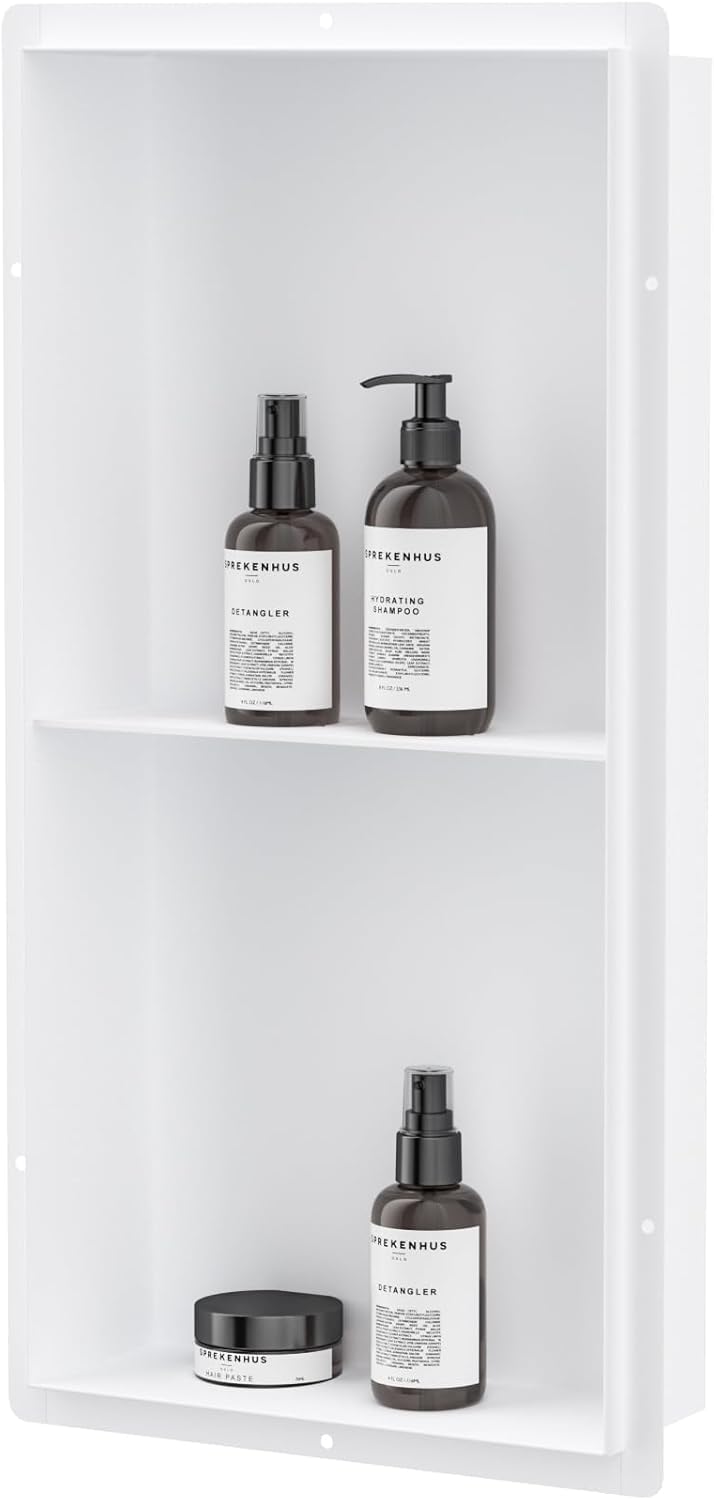 Neodrain 2-Tier 24X12Inch White Shower Niche, Rimless Bathroom Wall Niche Recessed Stainless Steel Waterproof Tile Ready Shower Cubby for Bathroom Storage Organizer