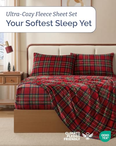 Image of Fleece Sheets Queen Size Set - 4-Piece Velvet Flannel Sheet Set - Tartan