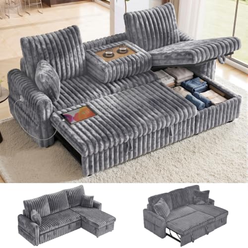 Image of KCGKCG 81 inch Sectional Sleeper Sofa Bed, Pull Out Couches for Living Room | Pull Out Sofa Bed with Storage Chaise, Dual Cup Holders, Side Storage Pocket, Charging Station, Plush Corduroy Fabric