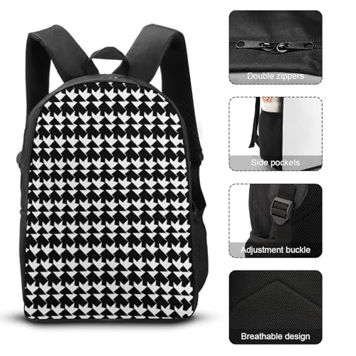 3 Piece Backpack for Women Men Lightweight Causal Daypack Shoulder Bag Set with Insulated Lunch Bag And Pencil Case Organizers Houndstooth Black3
