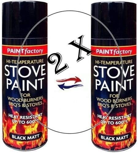 GSV Essentials Black Matte Stove Paint, High Temperature Black Spray Paint for Wood Burners, BBQs Grill, Heat Resistant Up to 600°C, Easy To Use, 400ml (Pack of 2)