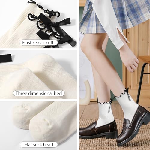 Image of DIVINA VITAE 4 Pairs Women Bow Socks Ruffle Socks Frilly with Bows Ruffle Crew for Women Black White Ruffle Ankle Sock Soft Breathable Thin Cotton Ruffle Sock Cute Fashion for Girls and Womens