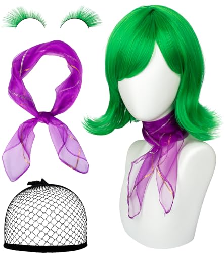 EVAFESNS Green Wavy Wig with Purple ScarfWomens Short Green Hair Wig for Disgust Anime Character Cosplay Perfect for Halloween Party Costumes