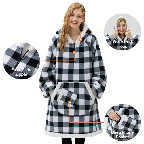Image of Giggling Getup Wearable Blanket Hoodie for Adults Gifts for Teen Girls Sister Women Sherpa Fleece Printed Hooded Blanket Sweatshirt Warm Cozy with Pocket & Sleeves Black Plaid