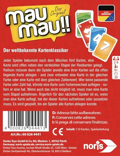 Noris Mau Mau Kartenspiel – Das Original, Klassiker für Kinder & Familie, 110 Karten, ab 6 Jahren, 2‑6 Spieler, Spielspaß für zuhause und unterwegs – Bild 3