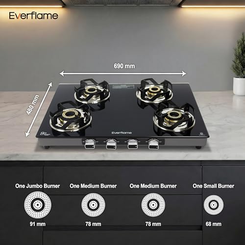 Image of Everflame Atlas 4 Burner Gas Stove | Ultra-Premium 8mm Toughened Glass Top | Euro-Coated Pan Support | LPG Ready & PNG Convertible | Manual Ignition | 2 Years Warranty + Free Doorstep Service