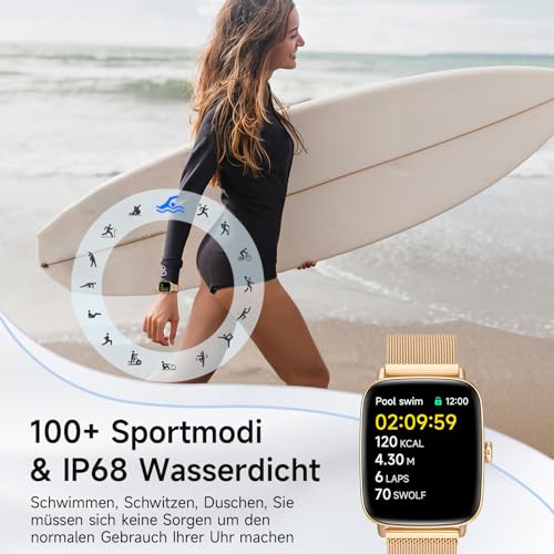 Smartwatch Damen mit Telefonfunktion,1.85" HD Uhren Damen mit Herzfrequenz Schlafmonitor SpO2 Schrittzähler,110+ Sportmodi Fitnessuhr,IP68 Wasserdichte Smart watch Kompatibel für iOS/Samsung/Android 4